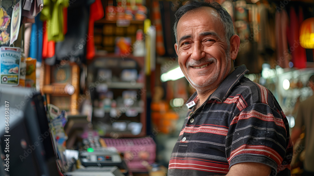 Sticker smiling turkish small business owner embracing e-invoice benefits