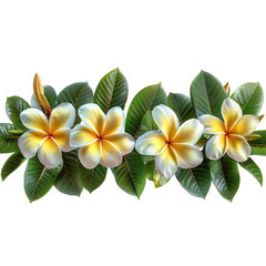 Obraz premium Bright and beautiful plumeria flowers with lush green leaves, showcasing vibrant colors and tropical elegance.