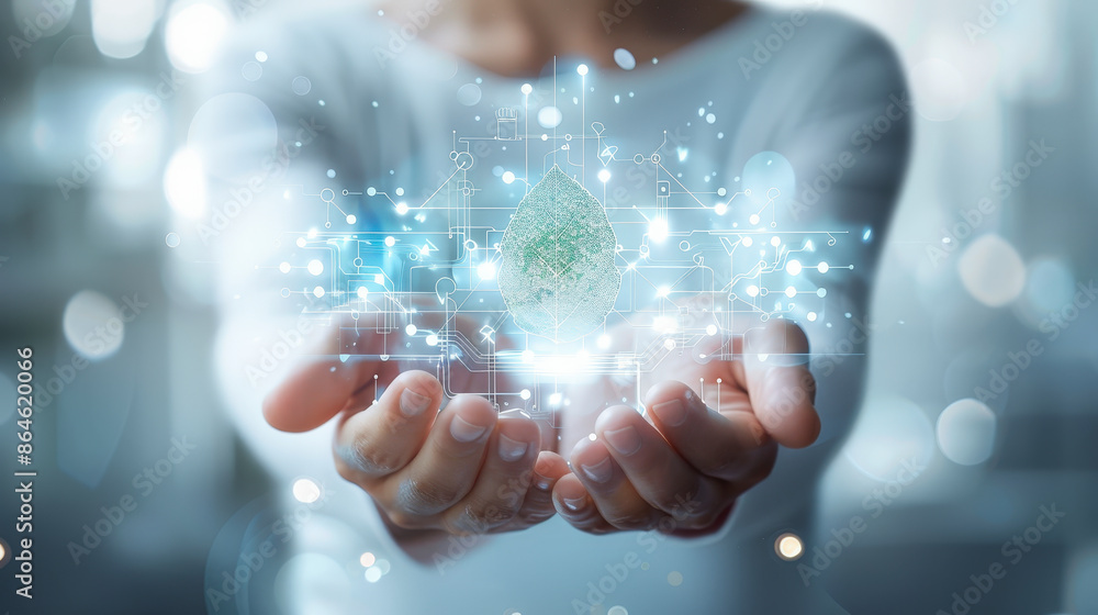 Poster a person is holding a holographic digital interface with data and connections, symbolizing technolog