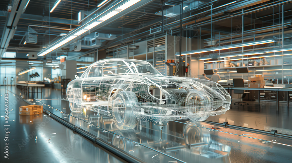 Aufkleber a high-tech automotive lab showcasing a transparent digital model of a car, highlighting futuristic 