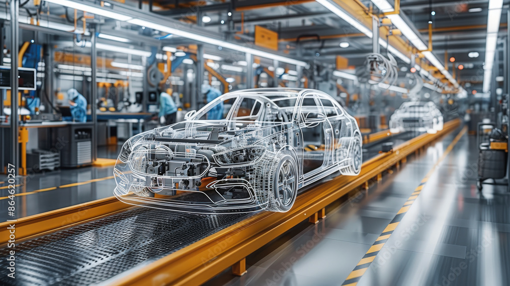 Aufkleber A car assembly line featuring an augmented reality overlay of a vehicle design, showcasing the integration of futuristic technology in modern manufacturing processes.