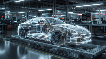 A holographic car model is displayed in an advanced automotive design studio, showcasing intricate interior and technological details in a high-tech environment.