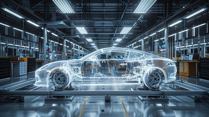 A transparent 3D model of a car on a platform in a high-tech automotive production facility, showcasing vehicle design and engineering details.