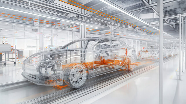 A high-tech automotive assembly line showcases transparent car models, illustrating advanced manufacturing and engineering processes in a modern factory setting.