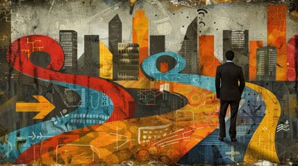 Fototapeta premium A Man at a Crossroads of Opportunity in a Cityscape