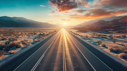 A straight highway extending over calm sea waters towards a captivating sunrise  with the sun's rays gently reflecting on the water's surface. The lighting is serene and vivid  of the sea at dawn.