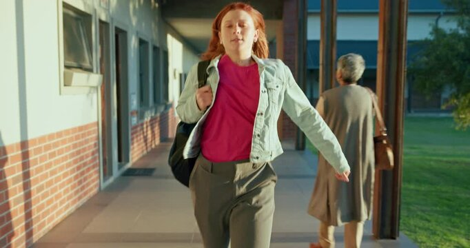 Girl, university student and check time on campus for exams test and final assessment. Female person, college learner and hurry or late or rush for academics, education and lecture or class lesson