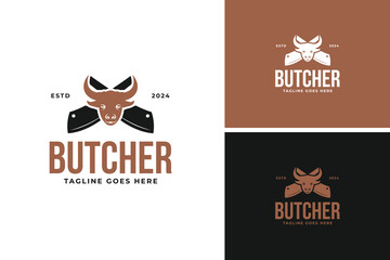 Cleaver and cow head logo design for butcher vector illustration template idea