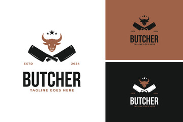 Cleaver and cow head logo design for butcher vector illustration template idea