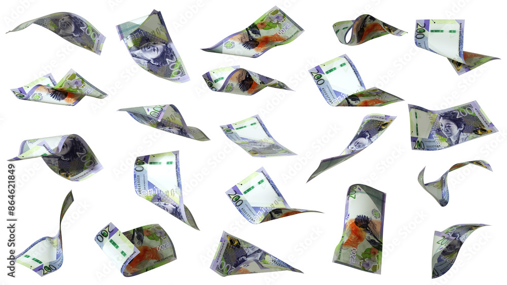 Poster 3d rendering of set of peruvian soles notes flying in different angles and orientations isolated on 