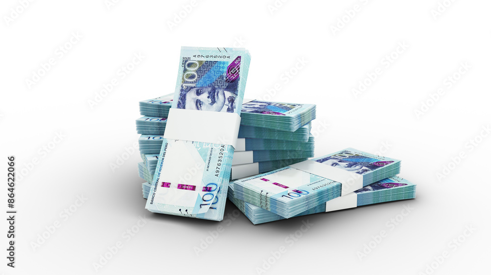 Poster 3d rendering of stacks of 100 peruvian soles notes. bundles of peru currency notes isolated on trans