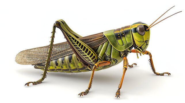 2. Render a high-resolution image of a grasshopper in a natural pose, emphasizing its vibrant coloration and intricate details, without any text or logos, suitable for seamless integration onto a
