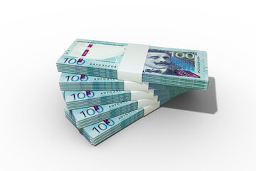 3d rendering of Stacks of 100 Peruvian soles notes. bundles of Peru currency notes isolated on transparent background
