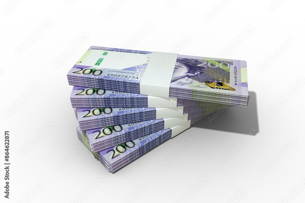 Poster 3d rendering of stacks of 200 peruvian soles notes. bundles of peru currency notes isolated on trans