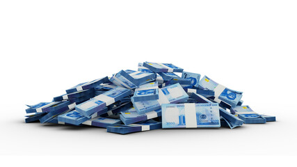 Big pile of bundles of 1000 Nigerian Naira notes isolated on white background. 3d rendering of stacks of cash
