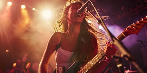 female singer on microphone singing and playing guitar during concert