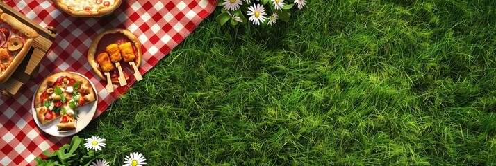 Aerial view of a red checkered picnic blanket on a grassy field, with finger chicken pieces, a souffle, and a pizza on top 