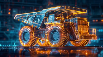 Futuristic Holographic Heavy-Duty Mining Truck in Digital Grid Environment