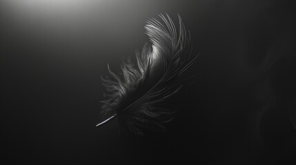 Obraz premium The ethereal beauty of a monochromatic feather is emphasized against a dark dramatic background. Black and white art