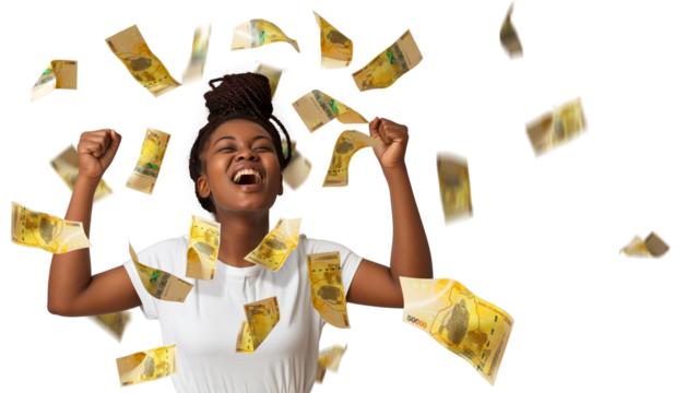Ugandan shilling notes raining on black African woman with braids excited looking up with hands in the air over transparent background, money pouring on person 
