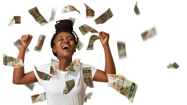 jamaica dollar notes raining on black African woman with braids excited looking up with hands in the air over transparent background, money pouring on person
