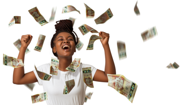 jamaica dollar notes raining on black African woman with braids excited looking up with hands in the air over transparent background, money pouring on person
