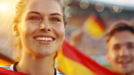 Obraz premium A smiling woman holding flag, German people in Germany