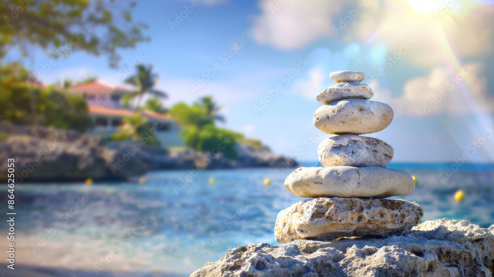 Poster a stack of rocks on a beach with a house in the background