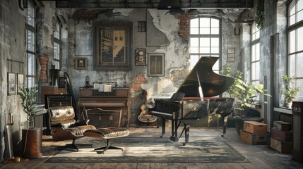 A room with a piano and a chair. The room has a vintage feel to it