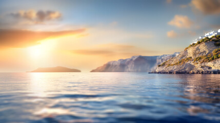 A beautiful sunset over the ocean with a mountain in the background