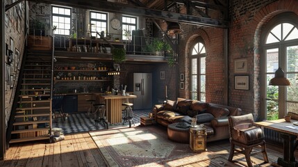 A large, open living room with a kitchen and a staircase. The room is filled with furniture and has a vintage, industrial feel