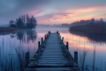Obraz premium A wooden bridge spans a body of water, with a beautiful sunset in the background. The scene is serene and peaceful, with the water reflecting the colors of the sky
