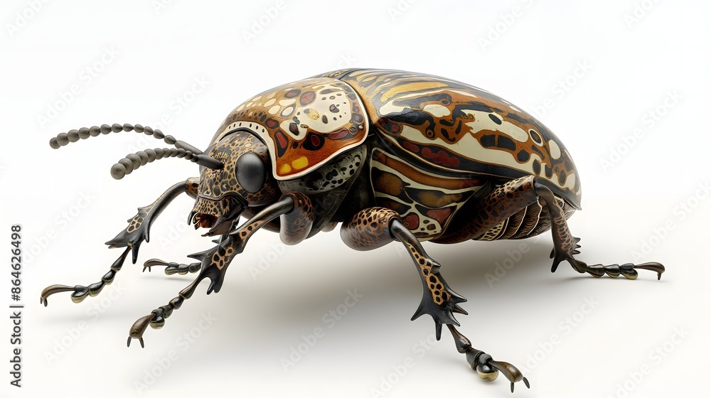 Poster 2. render a high-resolution image of a beetle in a natural pose, emphasizing its intricate patterns 