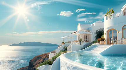 Obraz premium A beautiful beach with a pool and a house in the background, Greek holidays in Greece