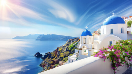 The building is surrounded by a lush green garden and the ocean is calm, Greek holidays in Greece