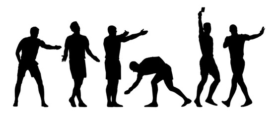 Set of football soccer arbitrator and referee silhouettes. Black, men in motion, showing different gestures.