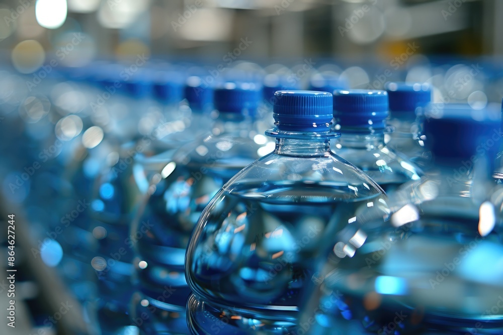 Poster a row of blue bottles of water. the bottles are lined up and are all the same size