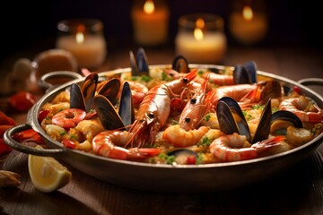 Authentic Seafood Paella with Shrimp, Mussels, and Clams Served in a Traditional Pan
