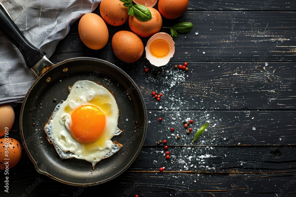 Poster a fried egg sits in a pan on a wooden table. there are several eggs scattered around the table, some