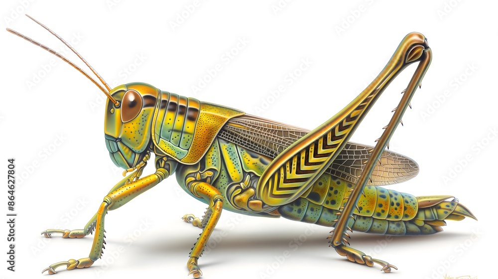 Poster 2. render a high-resolution image of a grasshopper in a natural pose, emphasizing its vibrant colora