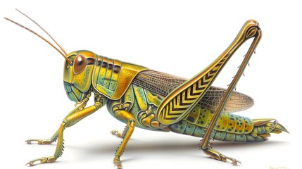 2. Render a high-resolution image of a grasshopper in a natural pose, emphasizing its vibrant coloration and intricate details, without any text or logos, suitable for seamless integration onto a