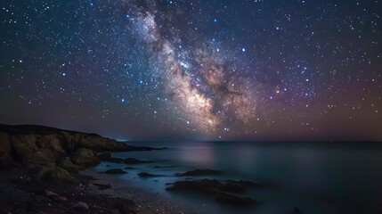 Fototapeta premium A beautiful night sky with a large milky white cloud in the middle. The sky is filled with stars and the ocean is calm