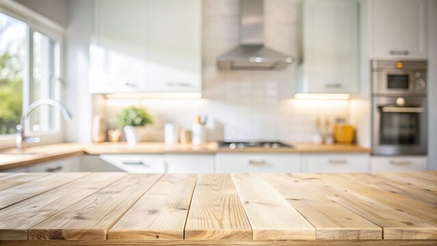 empty wooden table in front of blurred home kitchen background