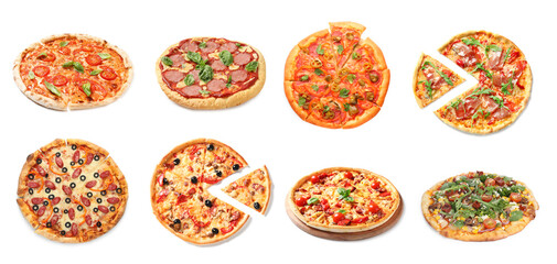 Different tasty pizzas isolated on white, collection