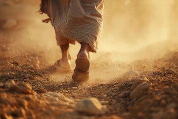 Fototapeta premium closeup of jesus walking on dusty path to jerusalem biblical narrative scene