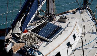Solar panel on the deck of a sailing boat