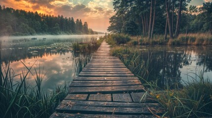 Fototapeta premium Wooden pier over a misty lake at sunrise