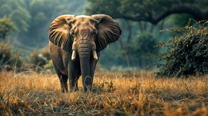 Fototapeta premium Elephant standing in tall grass with forest background