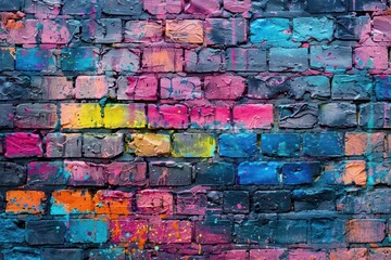 Fototapeta premium colorful brick wall with various paint splatters and drips creative background for art studios or urban spaces interior photography