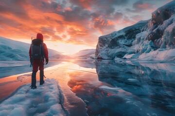 Fototapeta premium An explorer with a backpack is seen trekking through a majestic icy landscape during sunset, with reflections in the water